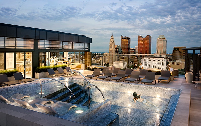 Large sparkling blue swimming pool 